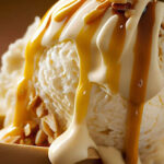 A bowl of melted delicious ice cream topped with caramel sauce and nuts